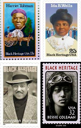 Stamps of Harriet Tubman, Ida B White, Langston Hughes, and Bessie Coleman