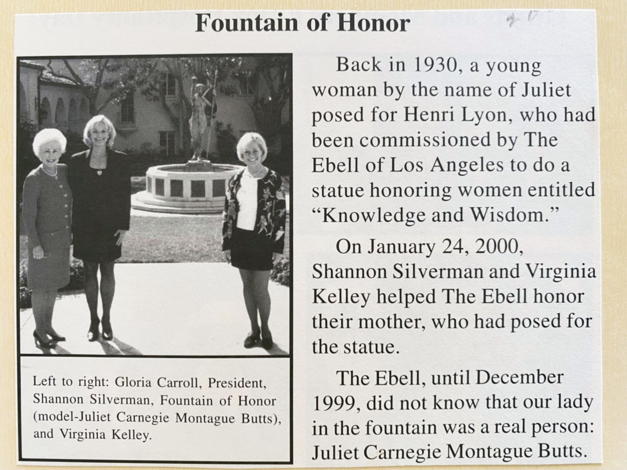 Ebell Fountain daugthers of model Juliet Butts with Gloria Carroll 2000_magazine article
